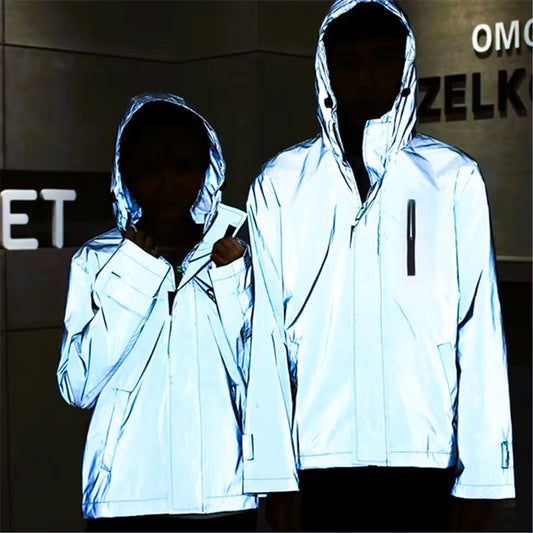NEW SIZE Night Reflective Jackets Double Fabric Windbreaker Hooded Jacket Men Hip Hop Dancer Waterproof Zipper Coats Outwear