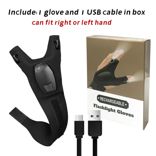 Fingerless Glove LED Flashlight 2 Fingers Waterproof USB Charge Hands-Free Lights Gloves for Fishing Camping Repairing Hot
